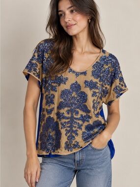 Tracy Reese Blue Sequin Embellished Tan Short Sleeve Top Size Small NWT
